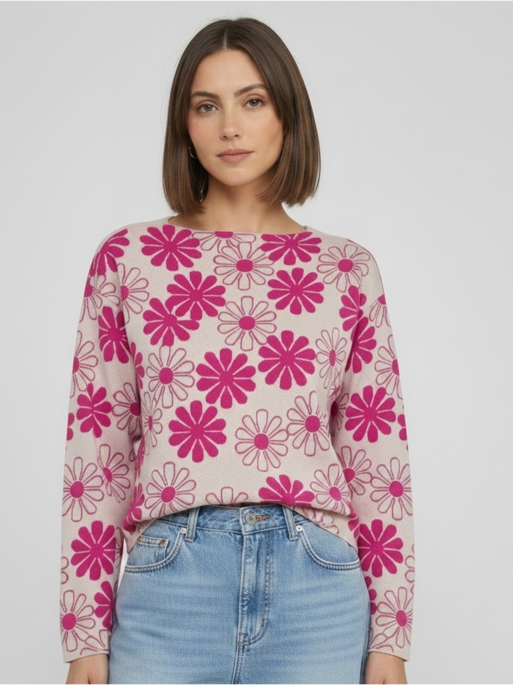 Rachel Zoe Pink White Chamomile Pattern Knit Scoop Neck Sweater Sweater Size XS